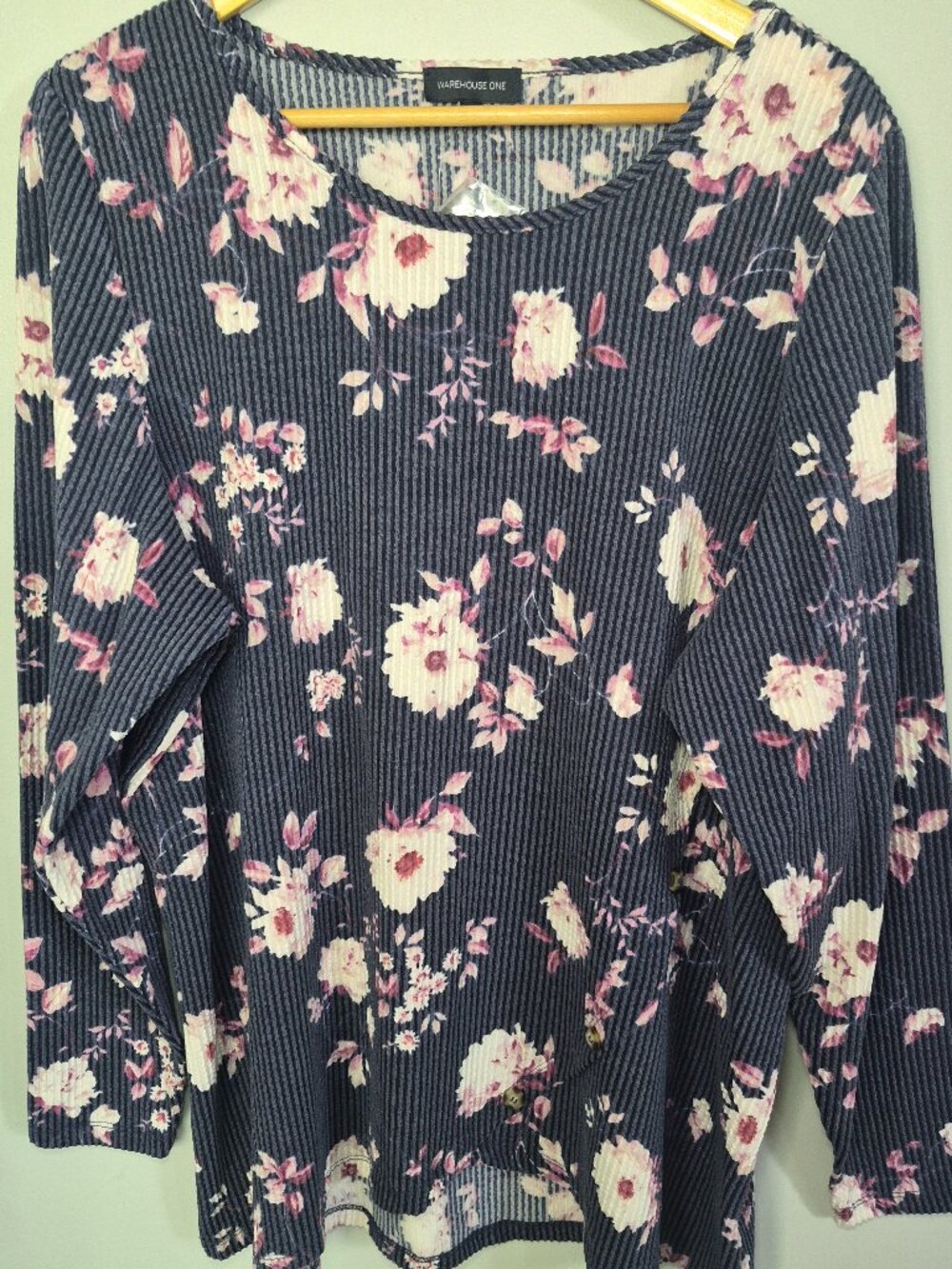 Warehouse One Women’s XL Floral Ribbed Tunic Top Navy Long Sleeve